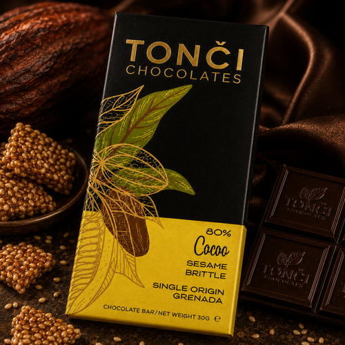 12x 30g- TONČI 80% Sesame Brittle Dark Chocolate | Single-Origin Grenada Chocolate