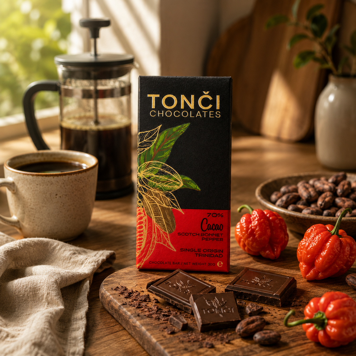 TONČI 70% Dark Chocolate with Scotch Bonnet Pepper | Single Origin Trinidad Chocolate