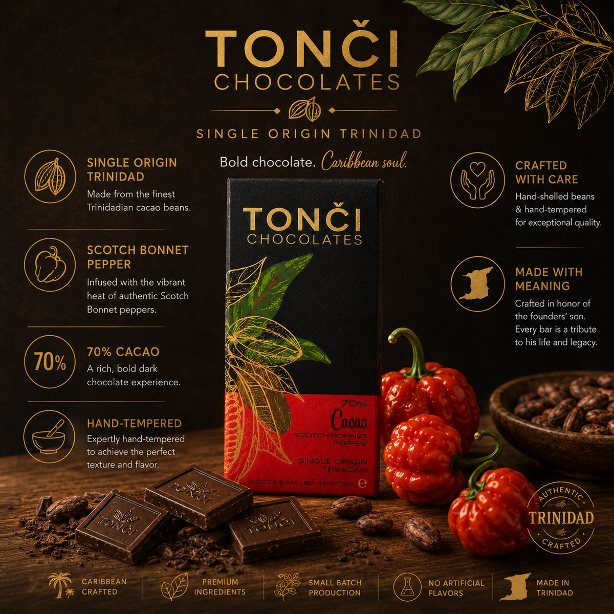 TONČI 70% Dark Chocolate with Scotch Bonnet Pepper | Single Origin Trinidad Chocolate