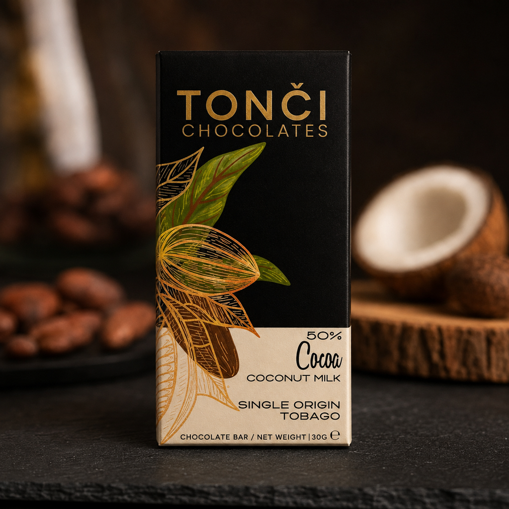 12x30g TONČI 50% Coconut Milk Chocolate | Single-Origin Tobago Plant-Based Chocolate