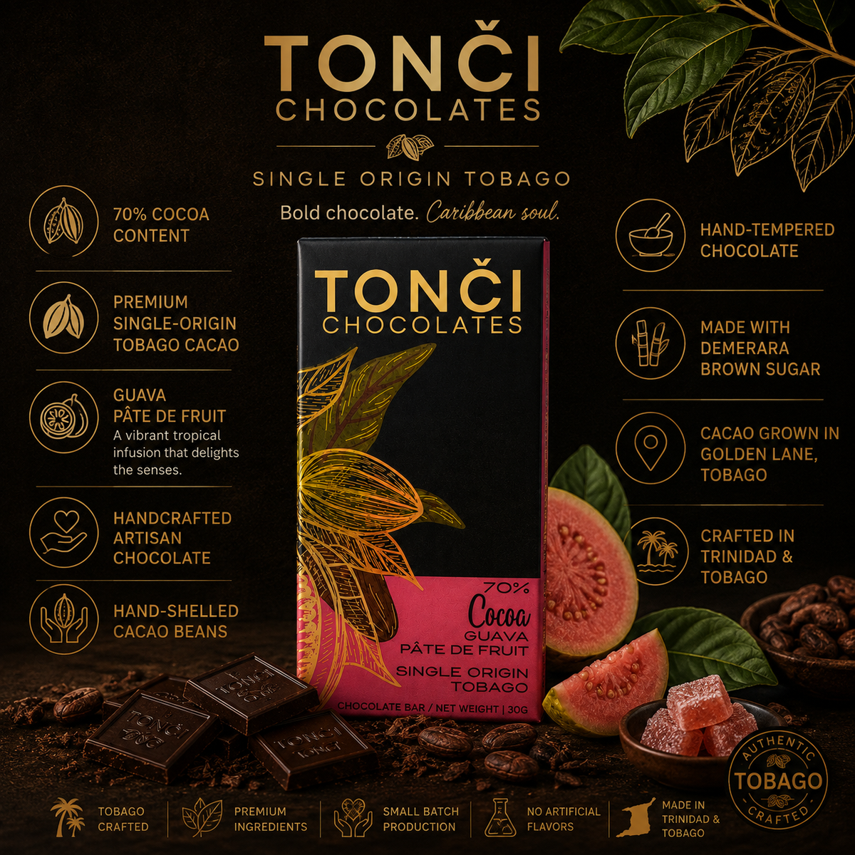 12x30g TONČI 70% Dark Chocolate with Guava Pâte de Fruit | Single-Origin Tobago Chocolate