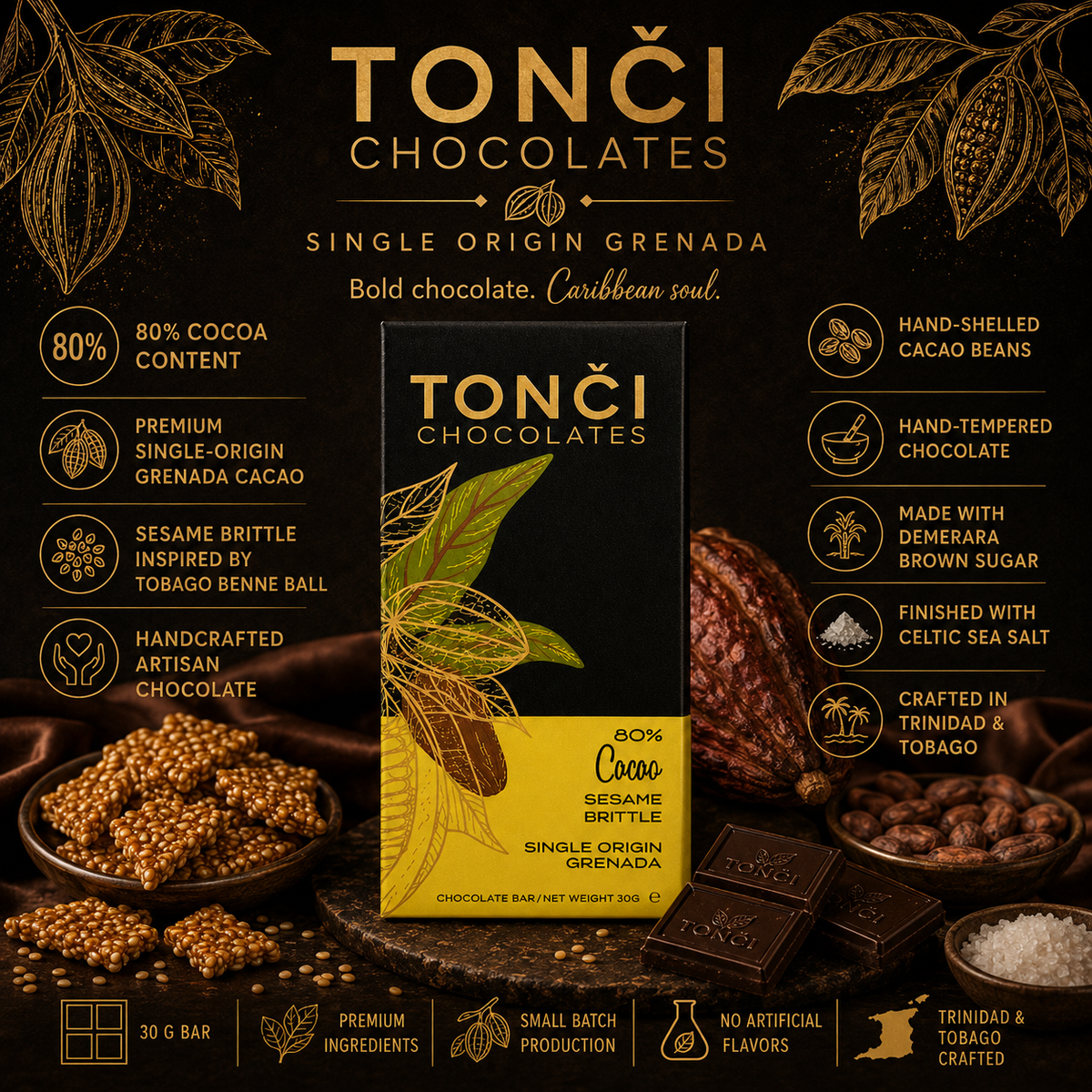 12x 30g- TONČI 80% Sesame Brittle Dark Chocolate | Single-Origin Grenada Chocolate