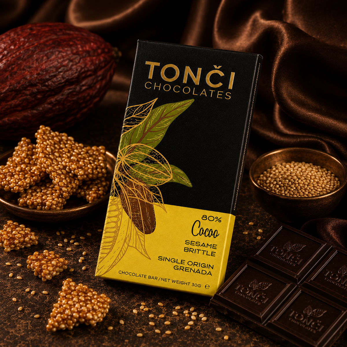 12x 30g- TONČI 80% Sesame Brittle Dark Chocolate | Single-Origin Grenada Chocolate